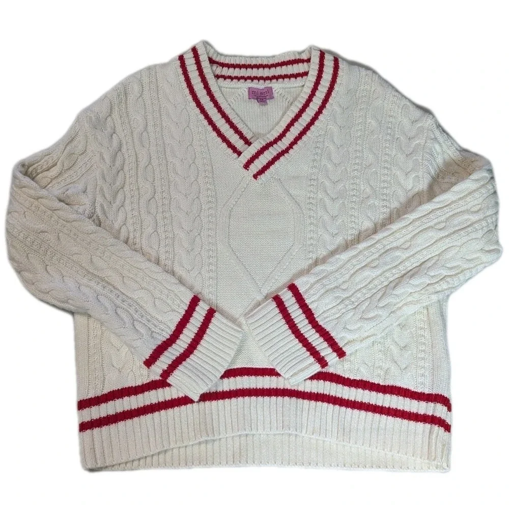 mi ami for francesca's V-Neck Cable Knit Sweater Red & Cream Varsity XS - Picture 1 of 11